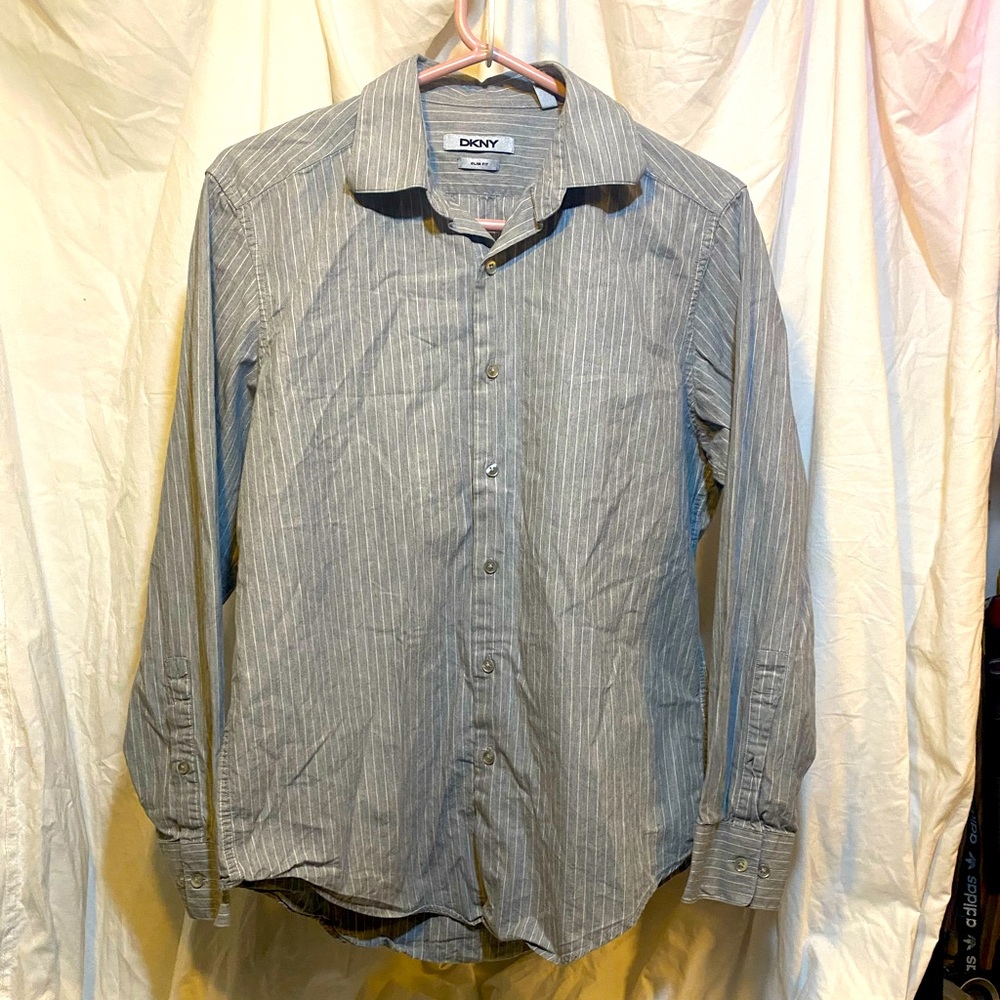 Dkny mens button down blue and grey stripped shirt